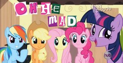 Size: 1334x687 | Tagged: safe, applejack, fluttershy, pinkie pie, rainbow dash, twilight sparkle, alicorn, pony, g4, expand dong, female, grin, hub logo, mare, meme, open mouth, smiling, smirk, twilight sparkle (alicorn), u mad