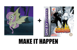 Size: 636x411 | Tagged: safe, screencap, fluttershy, bat pony, pony, g4, castlevania, castlevania aria of sorrow, crossover, exploitable meme, flutterbat, gba, make it happen, meme, meta, op, race swap, soma cruz