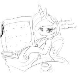 Size: 1207x1136 | Tagged: safe, artist:zev, princess celestia, g4, cargo ship, crack shipping, cuddling, cup, dialogue, drink, female, grayscale, monochrome, poptart, snuggling, solo, wat
