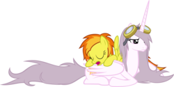 Size: 2566x1285 | Tagged: safe, artist:zacatron94, princess celestia, spitfire, alicorn, pegasus, pony, princess molestia, g4, accessory swap, bed mane, eyes closed, female, goggles, mare, morning ponies, open mouth, simple background, sleeping, spread wings, transparent background, vector, wings
