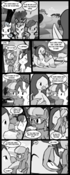 Size: 1012x2500 | Tagged: safe, artist:htfcuddles, apple bloom, diamond tiara, scootaloo, silver spoon, sweetie belle, oc, earth pony, griffon, pegasus, pony, unicorn, g4, comic, cutie mark crusaders, dialogue, female, filly, foal, imminent vore, monochrome
