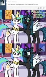 Size: 1280x2153 | Tagged: artist needed, dead source, safe, princess celestia, queen chrysalis, g4, ask-thechrysalis, comic, tumblr