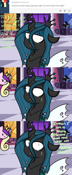 Size: 1280x3120 | Tagged: artist needed, safe, princess cadance, queen chrysalis, alicorn, changeling, changeling queen, pony, g4, :c, >:c, ask, ask-thechrysalis, c:, comic, female, floppy ears, frown, looking at you, looking back, mare, nervous, smiling, spread wings, squint, suspicious, sweat, sweatdrop, talking to viewer, text, tumblr, wide eyes, wings