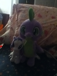 Size: 720x960 | Tagged: safe, rarity, spike, dragon, pony, unicorn, g4, aurora, build-a-bear, duo, irl, photo, plushie