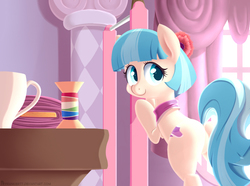 Size: 1067x795 | Tagged: safe, artist:frankier77, coco pommel, earth pony, pony, g4, bipedal, bipedal leaning, butt, carousel boutique, fabric, featureless crotch, female, leaning, plot, rainbow thread, solo, teacup
