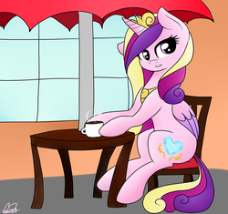 Size: 1280x1205 | Tagged: safe, artist:potatogirlivy, princess cadance, alicorn, pony, g4, female, mare, sitting, solo, tea