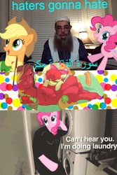 Size: 1200x1800 | Tagged: safe, apple bloom, applejack, big macintosh, pinkie pie, earth pony, pony, g4, arabic, collage, context is for the weak, cuddling, drool, female, filly, game grumps, jontron, male, meme, on back, op is a duck, op is trying to start shit, sleeping, snuggling, stallion, wat
