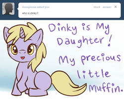 Size: 654x530 | Tagged: safe, derpy hooves, dinky hooves, pony, unicorn, ask derpyhooves, g4, :p, dinkabetes, equestria's best daughter, equestria's best mother, female, filly, implied derpy, offscreen character, solo, tongue out, tumblr