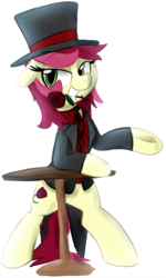 Size: 887x1479 | Tagged: dead source, safe, artist:choop, roseluck, pony, g4, bipedal, clothes, female, flower, flower in mouth, hat, mouth hold, rose, simple background, solo, table, top hat, white background