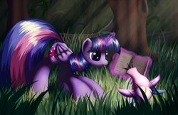 Size: 2550x1650 | Tagged: safe, artist:grennadder, twilight sparkle, alicorn, pony, g4, big hooves, book, female, flower, long legs, long tail, magic, mare, solo, tail, twilight sparkle (alicorn)