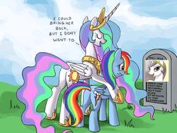 Size: 908x687 | Tagged: safe, princess celestia, rainbow dash, alicorn, pegasus, pony, princess molestia, g4, butt, celestia's grave meme, exploitable meme, female, implied death, mare, meme, plot