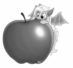 Size: 1661x1561 | Tagged: safe, artist:symbianl, fluttershy, bat pony, pony, g4, apple, female, flutterbat, giant apple, monochrome, race swap, solo