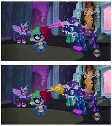 Size: 651x735 | Tagged: safe, radiance, rarity, spike, twilight sparkle, alicorn, pony, g4, power ponies (episode), cane, female, humdrum costume, mare, masked matter-horn costume, power ponies, twilight scepter, twilight sparkle (alicorn)