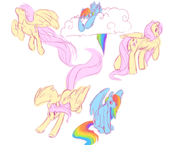 Size: 1093x908 | Tagged: safe, artist:noel, fluttershy, rainbow dash, pegasus, pony, g4, butt, cloud, flying, on a cloud, plot, role reversal, shy, sketch dump