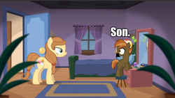 Size: 1193x671 | Tagged: safe, button mash, oc, oc:cream heart, earth pony, pony, button's adventures, g4, beanie, button 'stache, caught, colt, dresser, earth pony oc, female, foal, hat, image macro, male, mare, mirror, mother and child, mother and son, moustache, pun, rug, soon, stool, time paradox