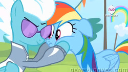 Size: 1280x720 | Tagged: safe, screencap, fleetfoot, rainbow dash, g4, rainbow falls, hub logo, sunglasses, warmup suit