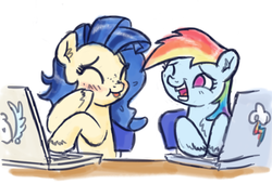 Size: 800x543 | Tagged: safe, artist:king-kakapo, rainbow dash, oc, oc:milky way, pony, g4, computer, female, giggling, laptop computer, laughing, mare, table, trolling