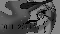 Size: 1920x1080 | Tagged: safe, edit, princess celestia, princess molestia, g4, drama, facial hair, female, monochrome, monocle, moustache, solo, wallpaper