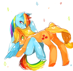 Size: 548x537 | Tagged: safe, artist:geta, applejack, rainbow dash, g4, female, lesbian, pixiv, ship:appledash, shipping