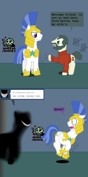 Size: 750x1505 | Tagged: safe, artist:hakar-kerarmor, oc, oc:monolith, ask four inept guardponies, crossover, jail, jorji costava, papers please, reference, royal guard, zombi