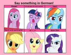 Size: 680x525 | Tagged: safe, applejack, fluttershy, pinkie pie, rainbow dash, rarity, twilight sparkle, g4, 6 pony meme, bend over, exploitable meme, german, meme, pinkamena diane pie, russian