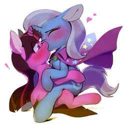 Size: 4092x4092 | Tagged: safe, artist:aruurara, trixie, twilight sparkle, pony, unicorn, g4, absurd resolution, blushing, cape, clothes, duo, female, horn, horns are touching, kiss on the lips, kissing, lesbian, ship:twixie, shipping, surprise kiss, trixie's cape