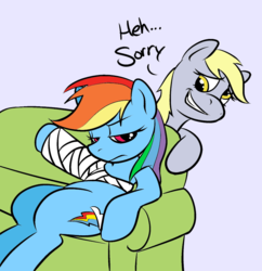 Size: 774x800 | Tagged: safe, artist:lowkey, derpy hooves, rainbow dash, pegasus, pony, g4, cast, couch, female, hilarious in hindsight, mare