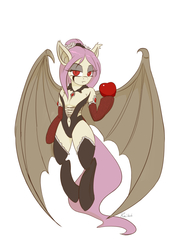 Size: 595x842 | Tagged: dead source, safe, artist:grissaecrim, fluttershy, bat pony, succubus, semi-anthro, bats!, g4, apple, bedroom eyes, belly button, castlevania, castlevania: symphony of the night, clothes, cosplay, crossover, fangs, female, floating, flutterbat, hoof hold, konami, looking at you, race swap, simple background, solo, spread wings, stockings, white background
