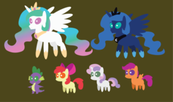 Size: 1024x605 | Tagged: safe, artist:aleximusprime, apple bloom, princess celestia, princess luna, scootaloo, spike, sweetie belle, g4, cutie mark crusaders, female, male