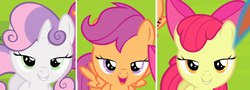 Size: 1211x437 | Tagged: safe, apple bloom, scootaloo, sweetie belle, flight to the finish, g4, season 4, bedroom eyes, cutie mark crusaders