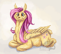 Size: 1024x904 | Tagged: safe, artist:substantiallyuseless, fluttershy, alpaca, g4, alpacafied, female, lying down, prone, smiling, solo, species swap