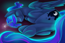 Size: 2100x1400 | Tagged: safe, artist:santagiera, princess luna, alicorn, pony, g4, ethereal mane, eyes closed, female, glowing, glowing mane, gradient background, lying down, magic, mare, missing accessory, on side, sleeping, smiling, solo