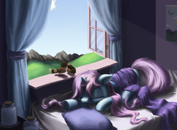 Size: 3374x2480 | Tagged: safe, artist:telanore, oc, oc only, oc:stardust, bird, bed, sleeping, solo