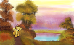 Size: 1000x620 | Tagged: safe, artist:evil-dec0y, applejack, earth pony, pony, g4, female, mare, pond, solo, tree, walking