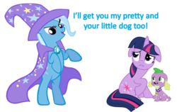 Size: 1394x881 | Tagged: safe, artist:bronybyexception, spike, trixie, twilight sparkle, dog, pony, unicorn, g4, bipedal, duo, fangs, female, floppy ears, frown, glare, mare, open mouth, raised hoof, rearing, simple background, sitting, smiling, spike the dog, the wizard of oz, transparent background, unicorn twilight