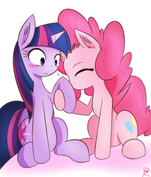 Size: 600x700 | Tagged: safe, artist:ranban, pinkie pie, twilight sparkle, alicorn, pony, g4, blushing, eyes closed, female, heart, lesbian, mare, ship:twinkie, shipping, twilight sparkle (alicorn)