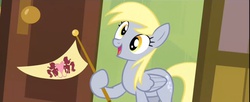 Size: 1920x785 | Tagged: safe, screencap, derpy hooves, pegasus, pony, g4, rainbow falls, female, flag, mare, ponyville flag, solo, the grey one's glorious return