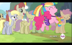 Size: 1680x1050 | Tagged: safe, screencap, derpy hooves, dizzy twister, merry may, orange swirl, parasol, pinkie pie, starburst (g4), sunshower raindrops, pegasus, pony, g4, rainbow falls, female, hub logo, lidded eyes, mare, skirt, the grey one's glorious return