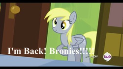 Size: 1280x720 | Tagged: safe, edit, derpy hooves, pegasus, pony, g4, rainbow falls, caption, female, mare, meme, solo, the grey one's glorious return