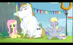 Size: 1680x1050 | Tagged: safe, screencap, bulk biceps, derpy hooves, fluttershy, pegasus, pony, g4, rainbow falls, female, mare, shrug, the grey one's glorious return