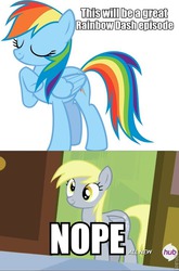 Size: 495x751 | Tagged: safe, derpy hooves, rainbow dash, pegasus, pony, g4, rainbow falls, female, image macro, mare, nope, roflbot, the grey one's glorious return