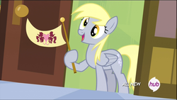 Size: 1920x1080 | Tagged: safe, screencap, derpy hooves, pegasus, pony, g4, rainbow falls, female, flag, mare, solo, the grey one's glorious return