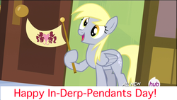 Size: 1920x1080 | Tagged: safe, derpy hooves, pegasus, pony, g4, rainbow falls, season 4, caption, female, mare, pendant, pun, solo, the grey one's glorious return