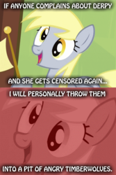 Size: 528x792 | Tagged: safe, derpy hooves, pegasus, pony, timber wolf, g4, rainbow falls, caption, don't you even think about it, drama, female, internet tough guy, mare, meme, the grey one's glorious return