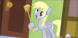 Size: 1919x930 | Tagged: safe, edit, screencap, derpy hooves, pegasus, pony, g4, rainbow falls, cane, derpy's flag, female, mare, solo, twilight scepter