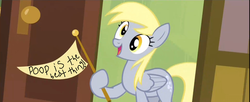 Size: 1280x523 | Tagged: safe, edit, derpy hooves, pegasus, pony, g4, my little pony: friendship is magic, rainbow falls, bad edit, derpy's flag, female, mare, poop, sign, solo, that's derpy to you