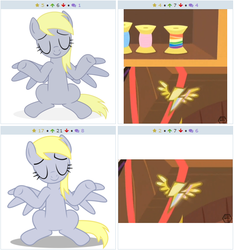 Size: 513x546 | Tagged: safe, derpy hooves, pegasus, pony, derpibooru, g4, my little pony: friendship is magic, rainbow falls, exploitable meme, female, juxtaposition, juxtaposition fail, juxtaposition win, mare, meme, meta, rainbow of harmony, rainbow thread, wonderbolt badge