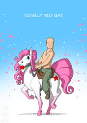 Size: 744x1052 | Tagged: safe, artist:jollyjack, ballgag, barely pony related, blatant lies, bridle, clothes, dog tags, gag, humans riding ponies, i am your god now bring me your virgins, looking at you, manly as fuck, not gay, raised hoof, raised leg, reins, riding, saddle, topless, vladimir putin