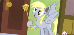 Size: 1919x930 | Tagged: safe, edit, screencap, derpy hooves, bat pony, pony, g4, rainbow falls, bat ponified, cane, crossing the memes, derpy's flag, derpybat, female, race swap, solo, twilight scepter