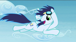 Size: 1920x1080 | Tagged: safe, screencap, soarin', pegasus, pony, g4, rainbow falls, flying, male, new cutie mark, retcon, solo, stallion